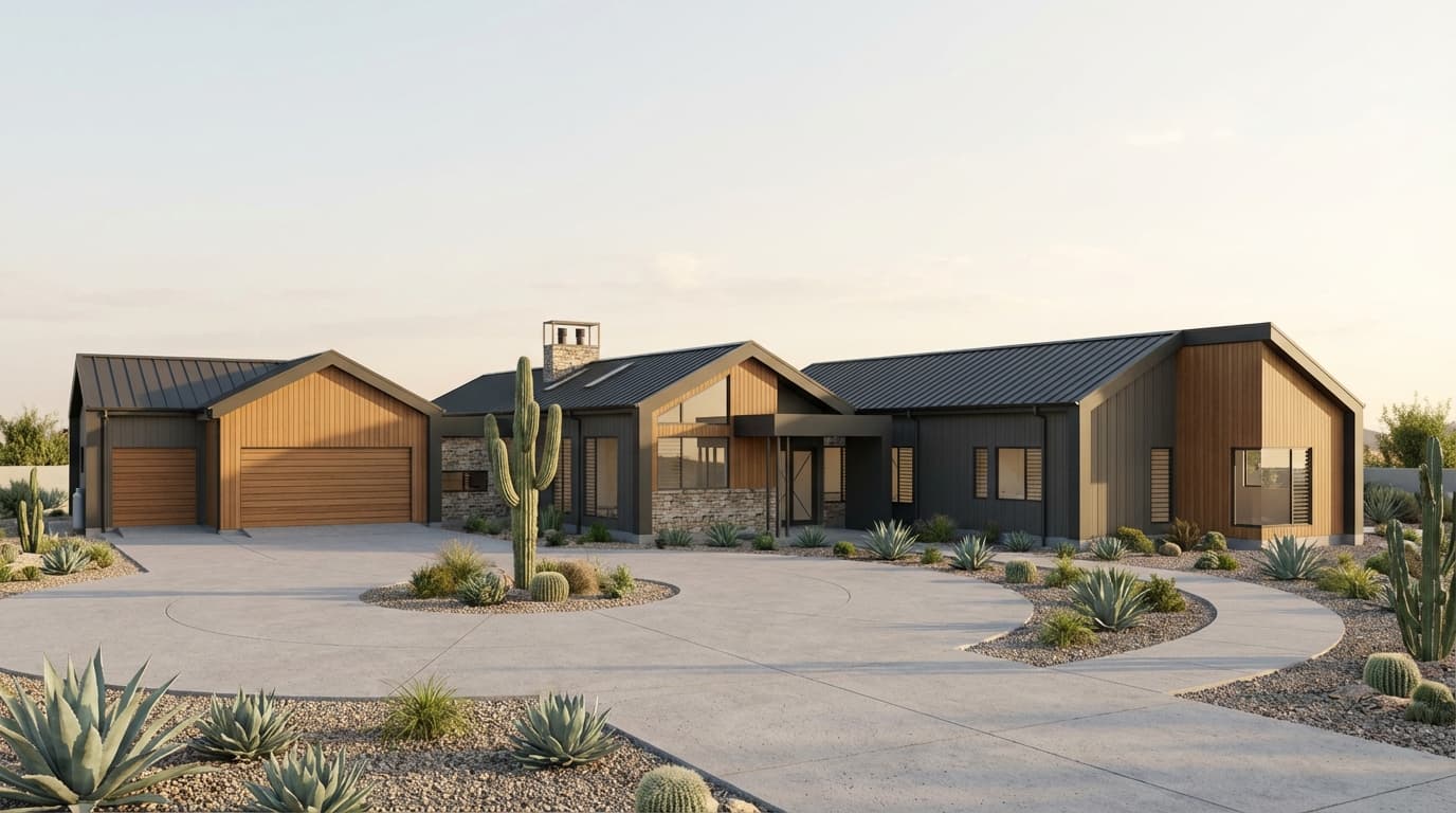 The same Archicad view rendered photorealistically by Linespire Reflect, with desert landscaping and evening light