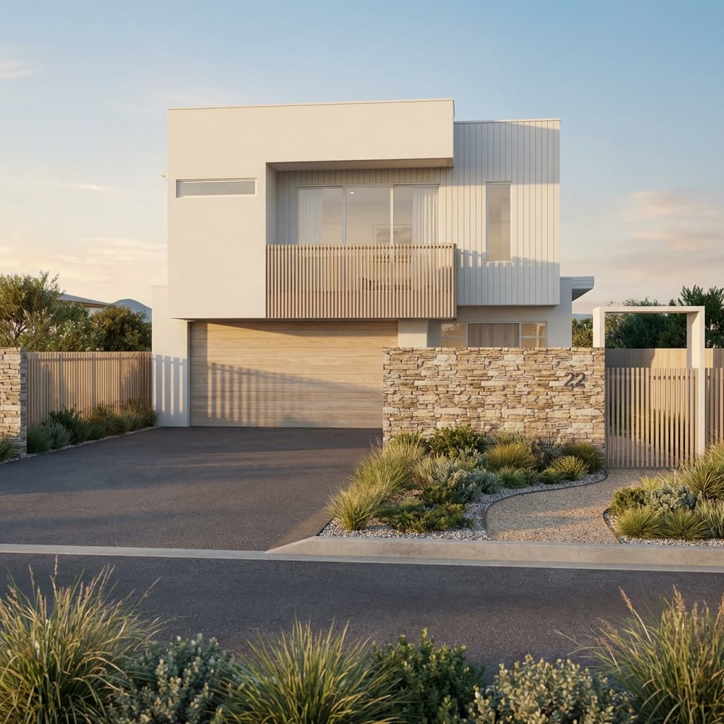 The same Archicad view rendered photorealistically by Linespire Reflect, with desert landscaping and evening light