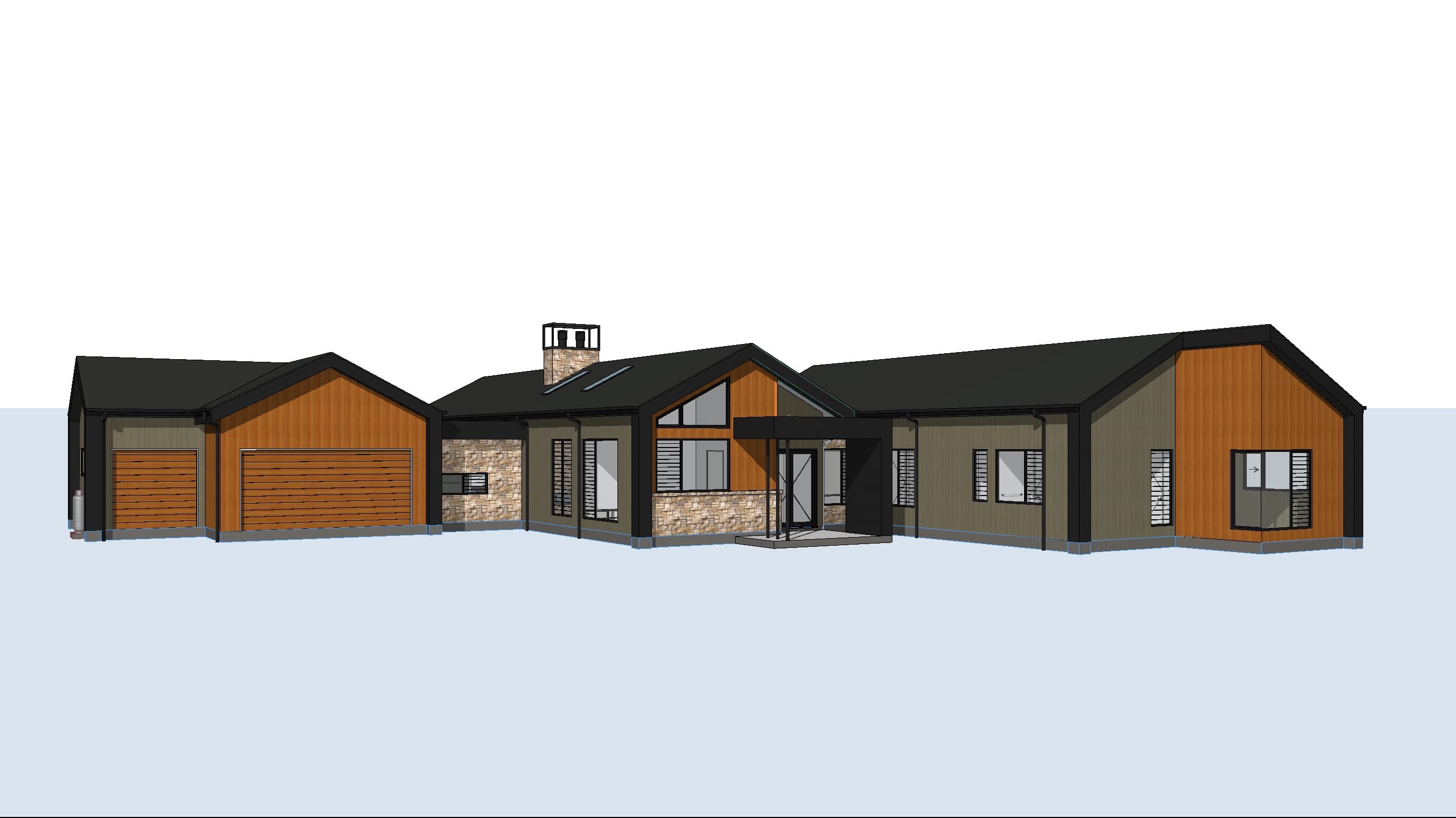 Archicad 3D view of a single-storey house with timber cladding, before AI rendering