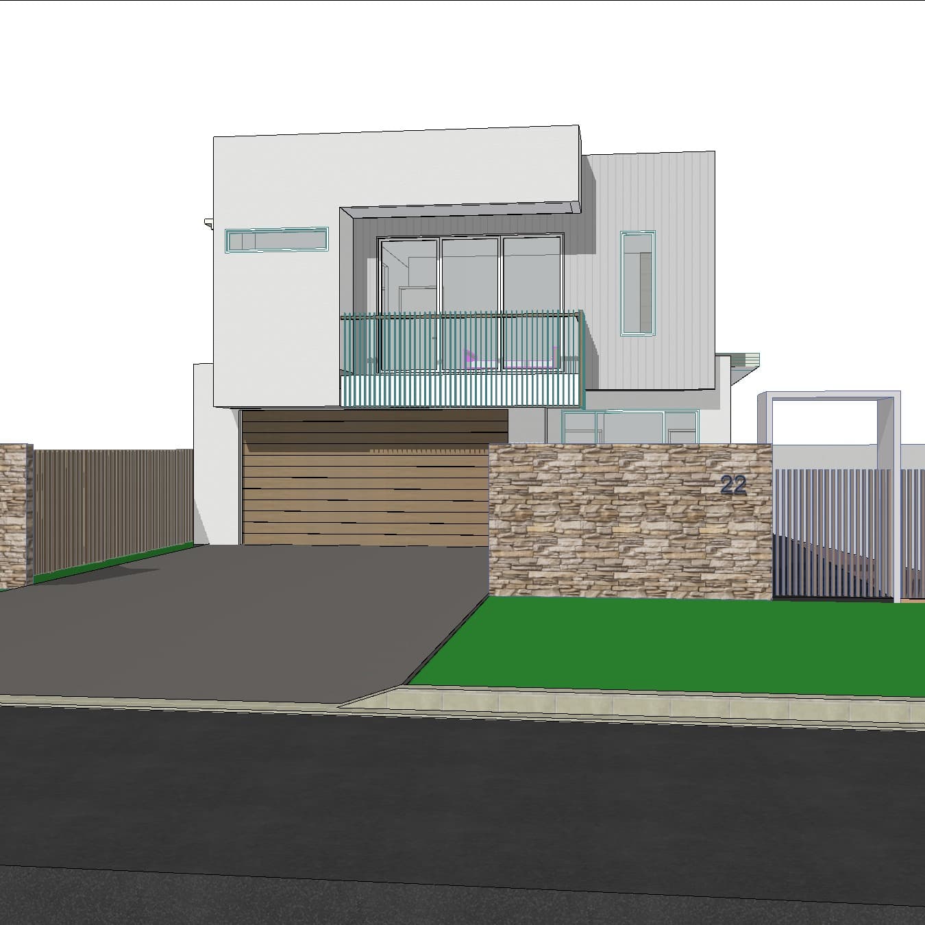Archicad 3D view of a single-storey house with timber cladding, before AI rendering